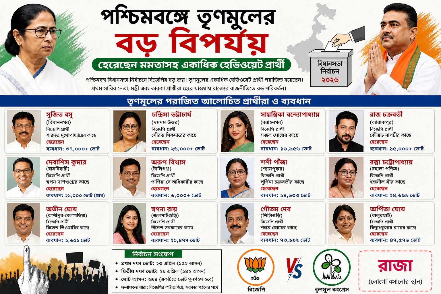 পশ্চিমবঙ্গ নির্বাচনে বড় ধাক্কা তৃণমূলের হেরেছেন মমতাসহ একাধিক শীর্ষ নেতা