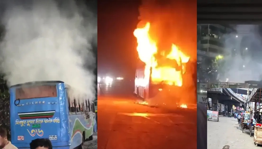 'নিরাপত্তা জোরদারের মধ্যেই ঢাকায় বাসে আগুন, ককটেল বিস্ফোরণ'